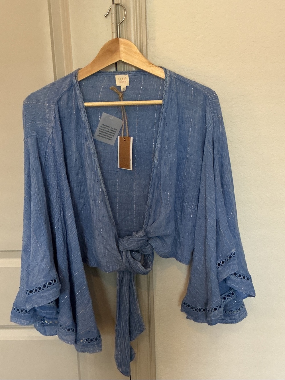 NWT Surf Gypsy light blue L Boho metallic-thread bell sleeve wrap  blouse